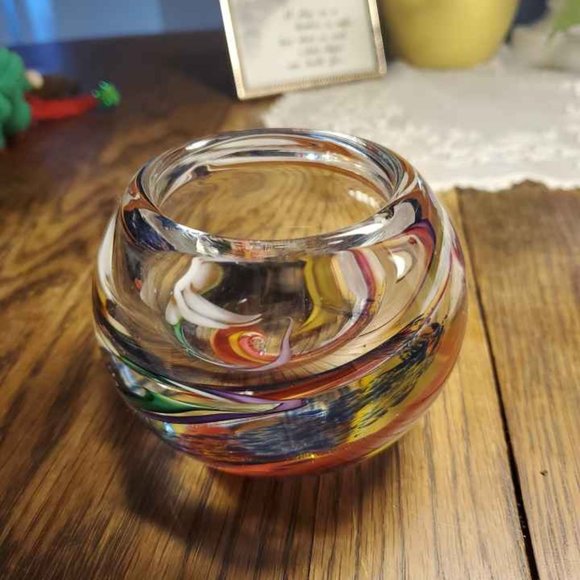 Art Glass Votive Holder Orb Paperweight 2007 Signed Lovely Color Swirls 3" Used - Picture 5 of 9